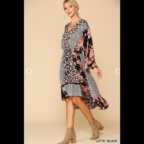 Leopard floral mixed print hi low dress with waist tie. - Picture 5 of 6